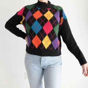 Vintage Attitude Black Argyle Pattern  Knit Mockneck Sweater S